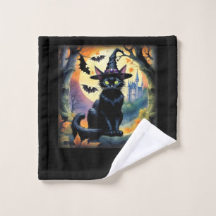 Black Cat Witch Hat Halloween Full Moon Bats Colou Wash Cloth