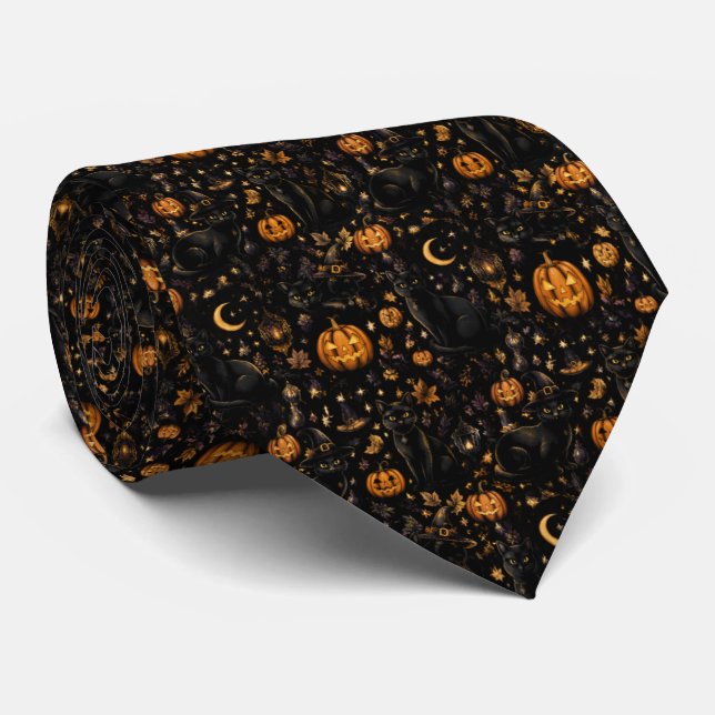 Black Cat Witch Hat Halloween Pumpkin Tie (Rolled)
