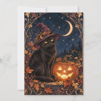 Black Cat Witch Hat Moon Halloween Card