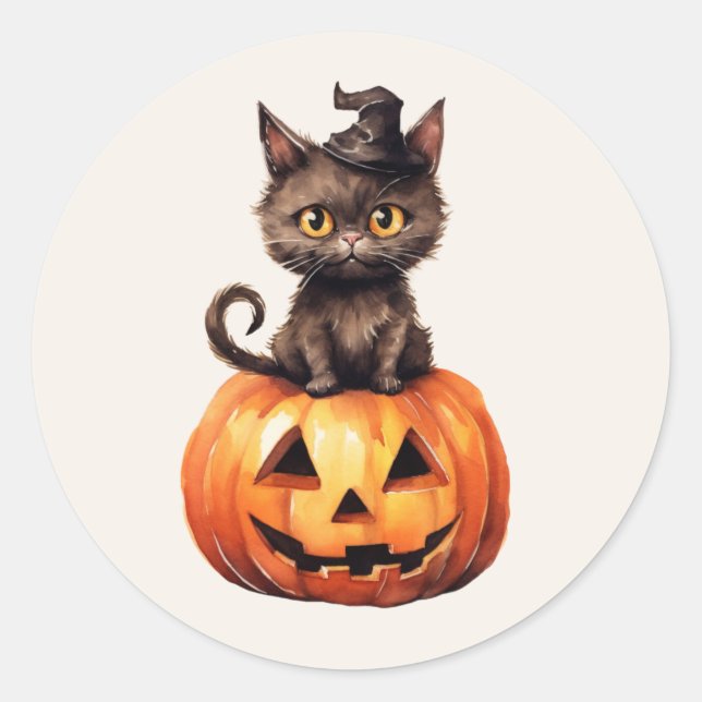 Black Cat Witch Hat Orange Jack O Lantern Pumpkin Classic Round Sticker (Front)