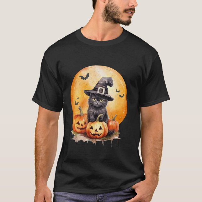 Black Cat Witch Hat Pumpkin For Women Kids Girls H T-Shirt (Front)