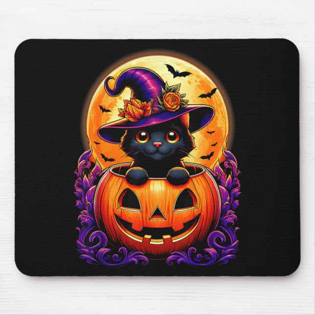 Black Cat Witch Hat Pumpkin Funny Halloween Men Mouse Mat (Front)