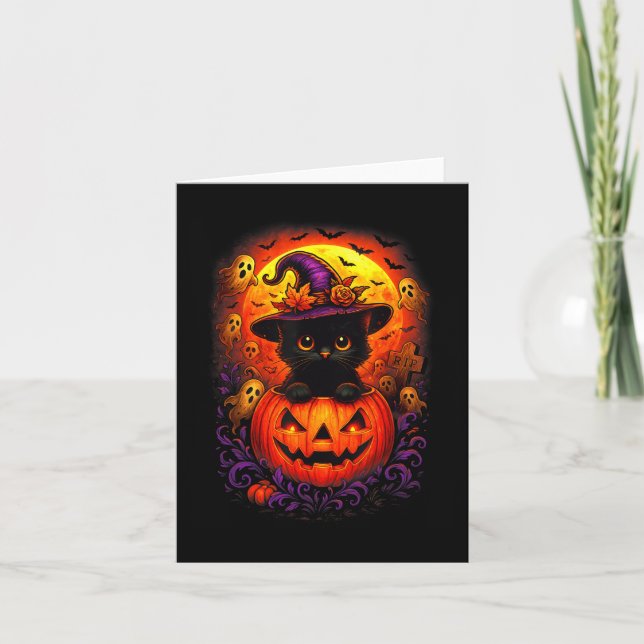 Black Cat Witch Hat Pumpkin Funny Halloween Men Wo Card (Front)