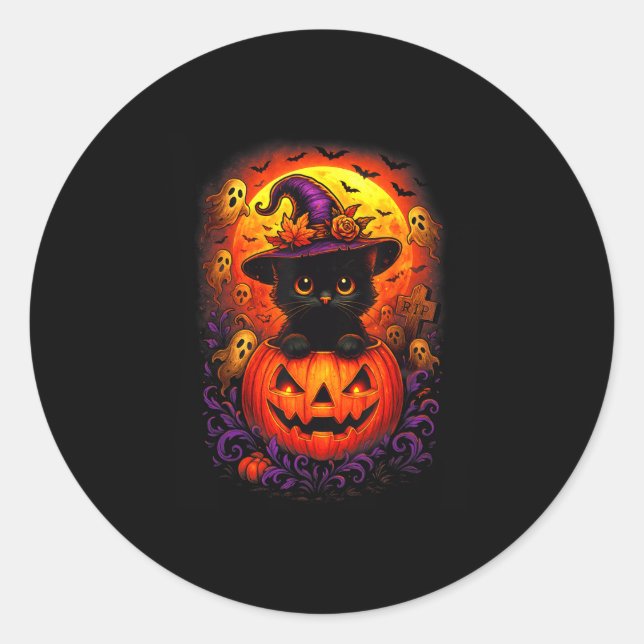 Black Cat Witch Hat Pumpkin Funny Halloween Men Wo Classic Round Sticker (Front)