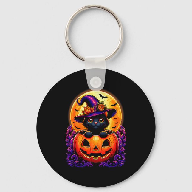 Black Cat Witch Hat Pumpkin Funny Halloween Men Wo Key Ring (Front)