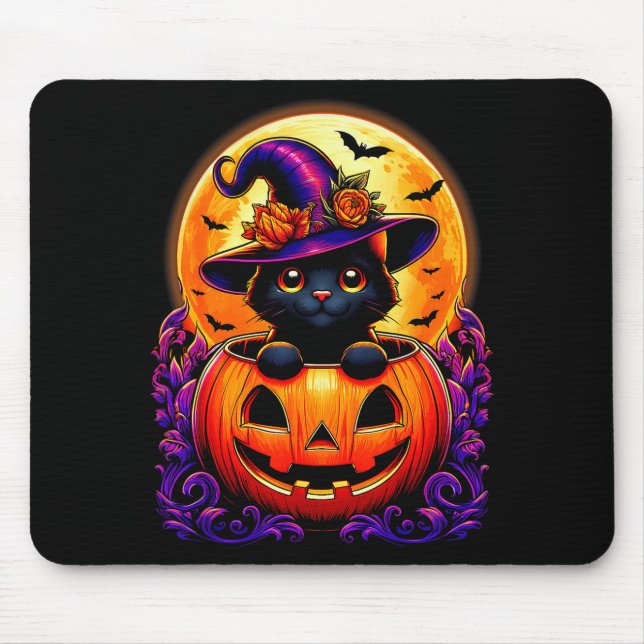 Black Cat Witch Hat Pumpkin Funny Halloween Men Wo Mouse Mat (Front)