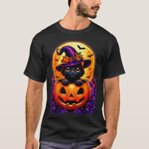 Black Cat Witch Hat Pumpkin Funny Halloween Men Wo T-Shirt