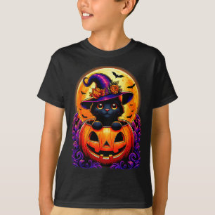 Black Cat Witch Hat Pumpkin Funny Halloween Men Wo T-Shirt