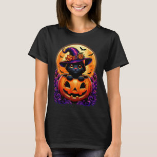 Black Cat Witch Hat Pumpkin Funny Halloween Men Wo T-Shirt