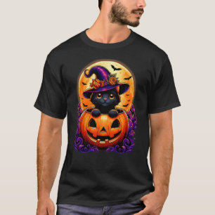 Black Cat Witch Hat Pumpkin Funny Halloween Men Wo T-Shirt