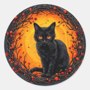 Black Cat Witch Hat Pumpkin Halloween Cute Classic Round Sticker