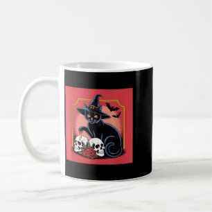 Black Cat Witch Hat Skulls Roses Bats Halloween Coffee Mug