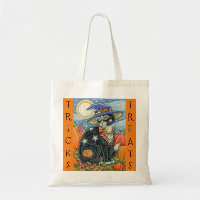 BLACK CAT WITCH & MOUSE HALLOWEEN TRICK OR TREAT TOTE BAG (Front)