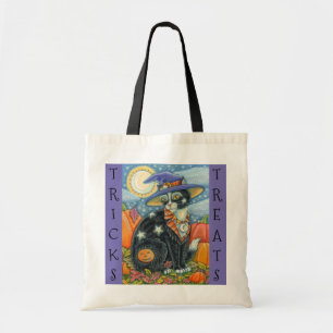 BLACK CAT WITCH & MOUSE HALLOWEEN TRICK OR TREAT TOTE BAG