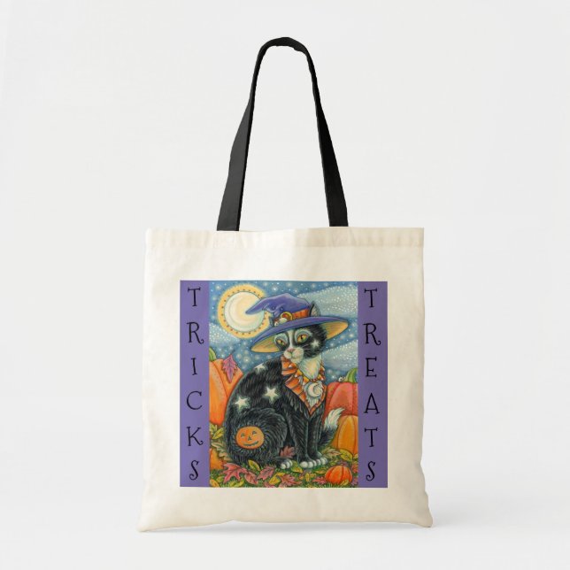 BLACK CAT WITCH & MOUSE HALLOWEEN TRICK OR TREAT TOTE BAG (Front)