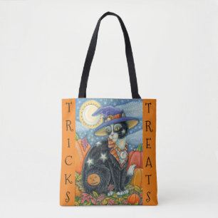 BLACK CAT WITCH & MOUSE HALLOWEEN TRICK OR TREAT TOTE BAG