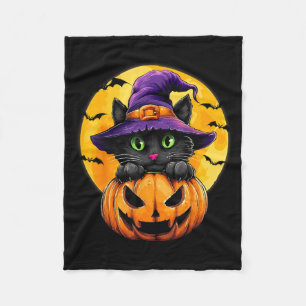 Black Cat Witch Pumpkin Bats Halloween Fall Autumn Fleece Blanket