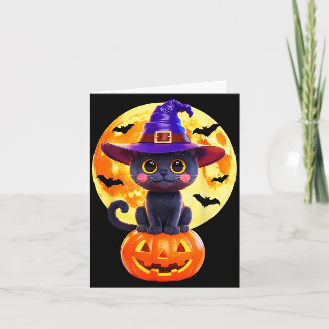 Black Cat Witch Pumpkin Halloween Costume Fall Card (Front)