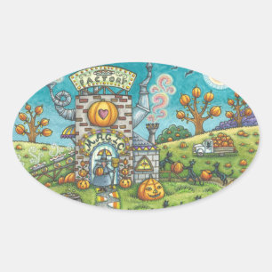 BLACK CAT, WITCH PUMPKIN PIE FACTORY STICKERS Oval