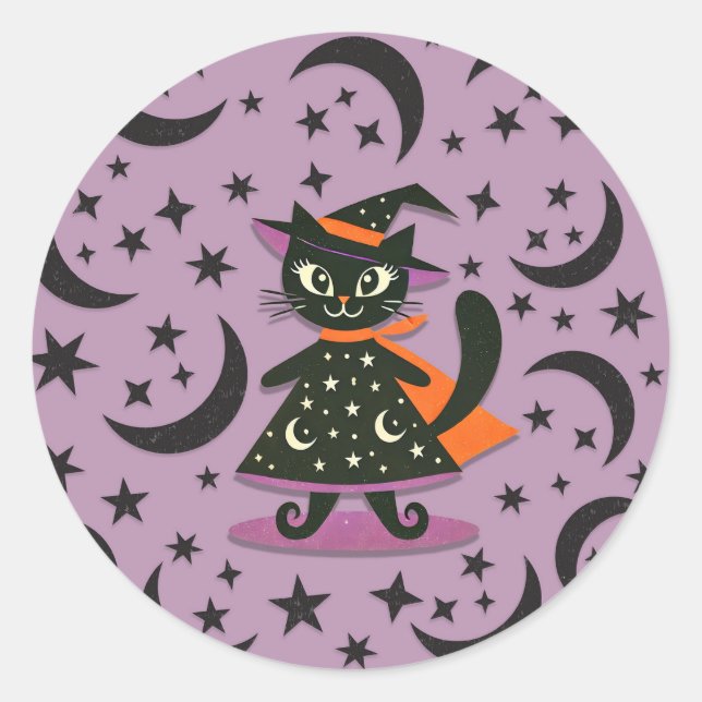 Black Cat Witch Purple Moon Stars Halloween Party  Classic Round Sticker (Front)