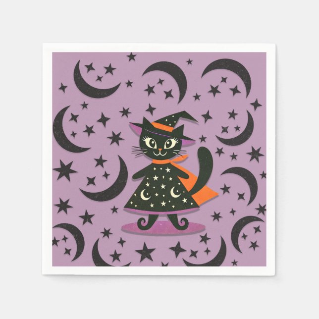 Black Cat Witch Purple Moon Stars Halloween Party  Napkin (Front)