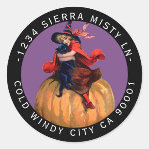 Black Cat Witch Return Address Vintage Halloween Classic Round Sticker