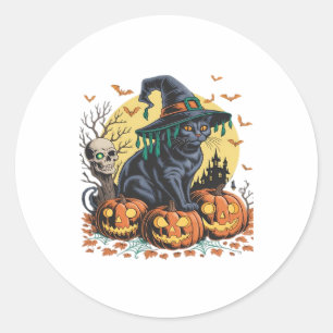 Black Cat Witch Scary Halloween Pumpkin Oversized  Classic Round Sticker