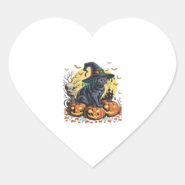Black Cat Witch Scary Halloween Pumpkin Oversized  Heart Sticker (Front)