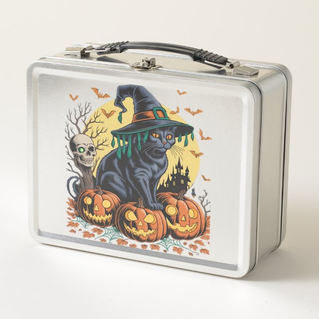 Black Cat Witch Scary Halloween Pumpkin Oversized  Metal Lunch Box (Front)