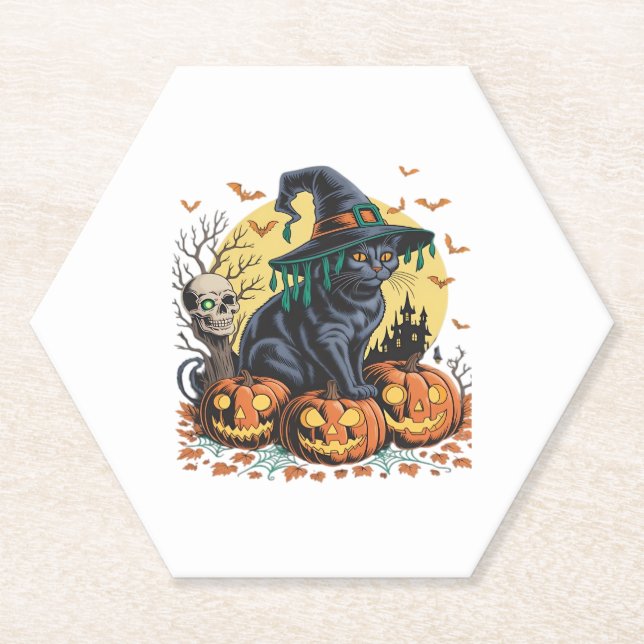 Black Cat Witch Scary Halloween Pumpkin Oversized  Paper Coaster (Front)