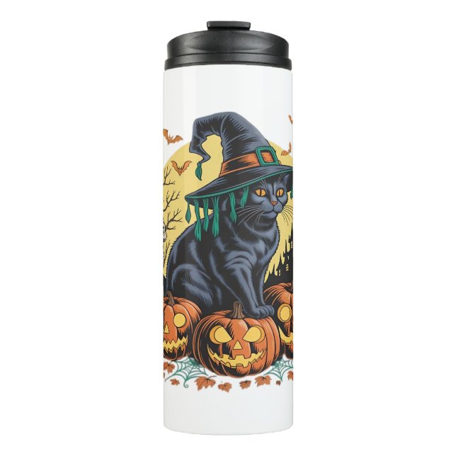 Black Cat Witch Scary Halloween Pumpkin Oversized  Thermal Tumbler (Front)