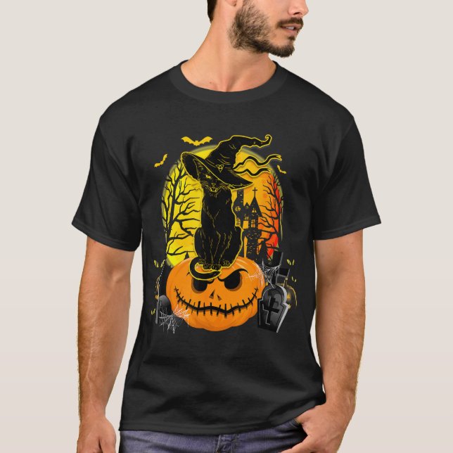 Black Cat Witch Scary Halloween Pumpkin Women T-Shirt (Front)
