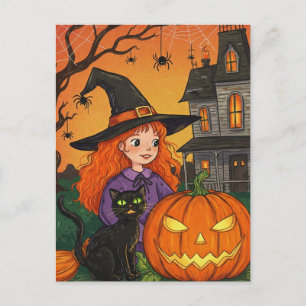 Black Cat Witch Spiders Pumpkin Halloween Postcard