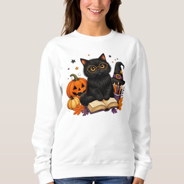 Black Cat Witch Teacher Halloween Pumpkin Patch  Sweatshirt (Front)