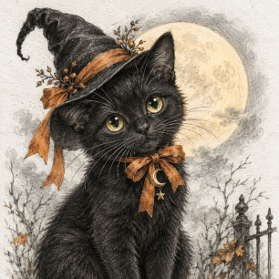 Black Cat Witch Under Full Moon Poster