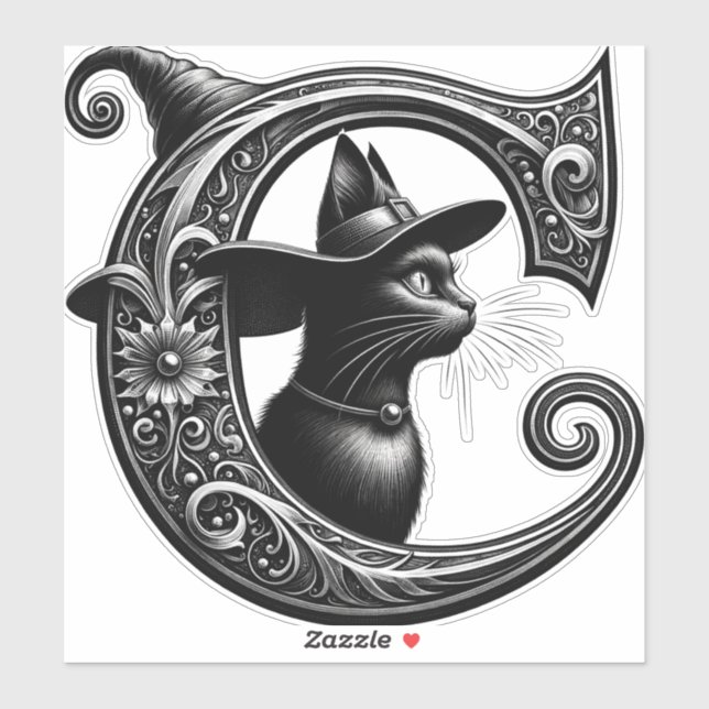 Black Cat Witch Witchy Letter C Custom Initial  (Sheet)