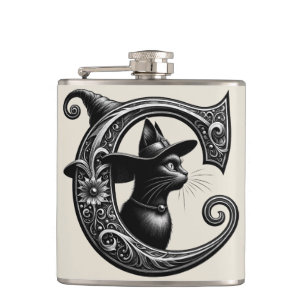 Black Cat Witch Witchy Letter C Custom Initial  Hip Flask