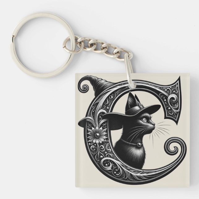 Black Cat Witch Witchy Letter C Custom Initial  Key Ring (Front)