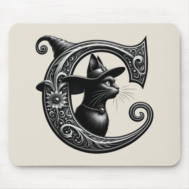 Black Cat Witch Witchy Letter C Custom Initial  Mouse Mat (Front)