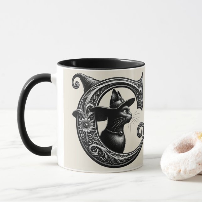 Black Cat Witch Witchy Letter C Custom Initial  Mug (With Donut)