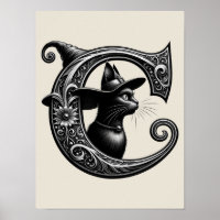 Black Cat Witch Witchy Letter C Custom Initial  