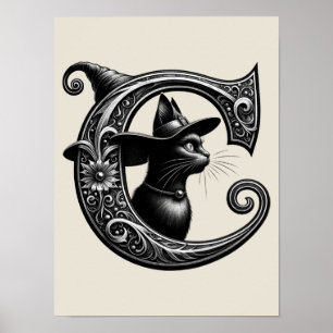 Black Cat Witch Witchy Letter C Custom Initial Poster