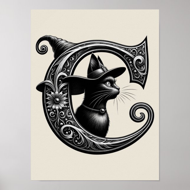 Black Cat Witch Witchy Letter C Custom Initial   Poster (Front)