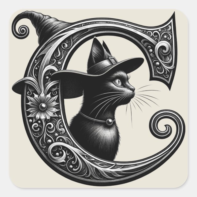 Black Cat Witch Witchy Letter C Custom Initial  Square Sticker (Front)