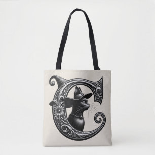 Black Cat Witch Witchy Letter C Custom Initial Tote Bag