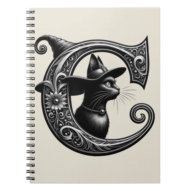 Black Cat Witch Witchy Letter C Magic Spell  Notebook (Front)