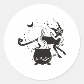 Black Cat Witch With Cauldron, Gothic Art Classic Round Sticker