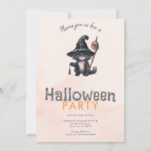 Black Cat Witches Hat Orange Halloween Party Invitation