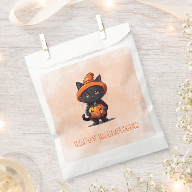 Black Cat Witches Hat Pumpkin Happy Halloween Favour Bags (Clipped)