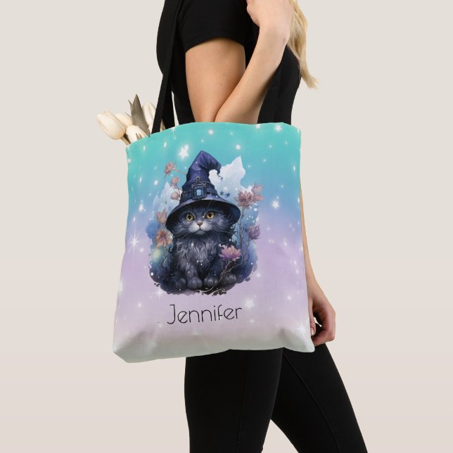 Black Cat Witches Hat Rainbow Pastel Halloween Tote Bag (Close Up)